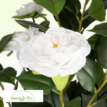 Howngyesimu Artificial Camellia Tree 2 Pack, 38’’ Faux Camellia Plant in Pot with White Flowers,...