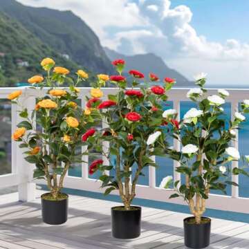 Howngyesimu Artificial Camellia Tree 2 Pack, 38’’ Faux Camellia Plant in Pot with White Flowers, Greenery Potted Plant for Indoor Outdoor Office Home Porch Decor, White