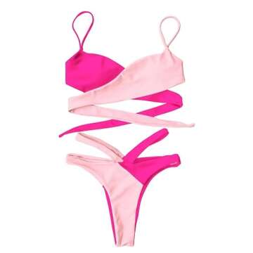 Lilosy Sexy Wrap Criss Cross Cutout Two Tone Color Block High Cut Leg Thong Brazilian Bikini Swimsui...