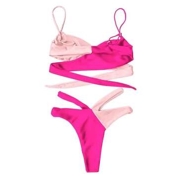 Lilosy Sexy Wrap Criss Cross Cutout Two Tone Color Block High Cut Leg Thong Brazilian Bikini Swimsuit Set Women Cheeky Bottom Tie Back Bathing Suit 2 Piece Hot Pink and Pink X-Large