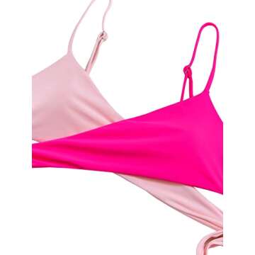 Lilosy Sexy Wrap Criss Cross Cutout Two Tone Color Block High Cut Leg Thong Brazilian Bikini Swimsuit Set Women Cheeky Bottom Tie Back Bathing Suit 2 Piece Hot Pink and Pink X-Large