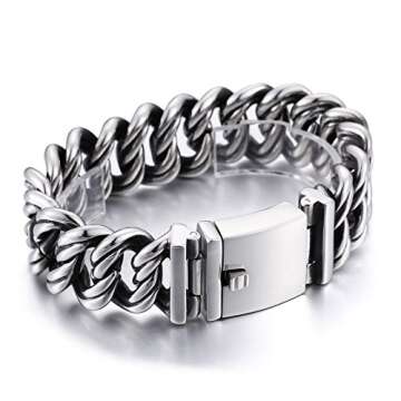 BlueFox Men's Titanium Stainless Steel Biker Link Bracelet - Polished Silver, 8.6 Inches