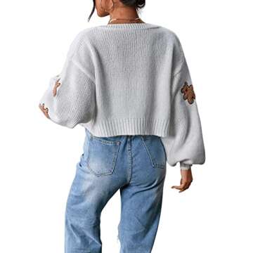 SweatyRocks Women's Graphic Embroidery Long Sleeve Loose Cardigan Open Front Knit Cardigan Crop Sweater White S