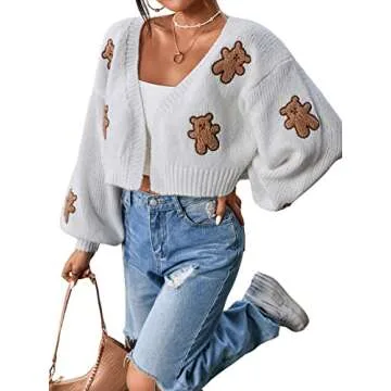 SweatyRocks Women's Graphic Embroidery Long Sleeve Loose Cardigan Open Front Knit Cardigan Crop Sweater White S