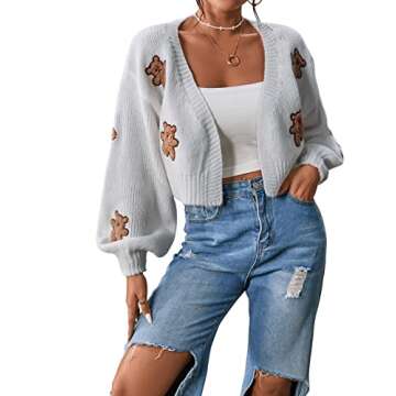 SweatyRocks Women's Graphic Embroidery Long Sleeve Loose Cardigan Open Front Knit Cardigan Crop Sweater White S