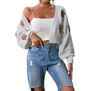 SweatyRocks Women's Graphic Embroidery Long Sleeve Loose Cardigan Open Front Knit Cardigan Crop Sweater White S
