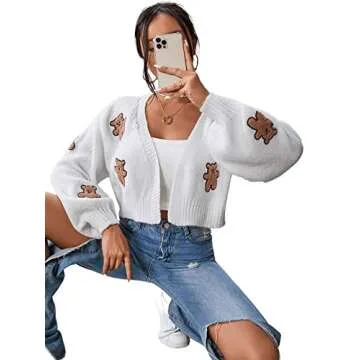 SweatyRocks Women's Graphic Embroidery Long Sleeve Loose Cardigan Open Front Knit Cardigan Crop Sweater White S