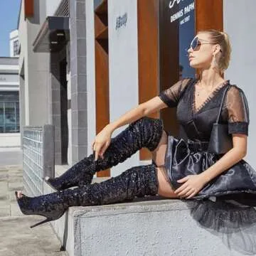 CAMSSOO Sparkly Knee High Open Toe Stiletto Boots