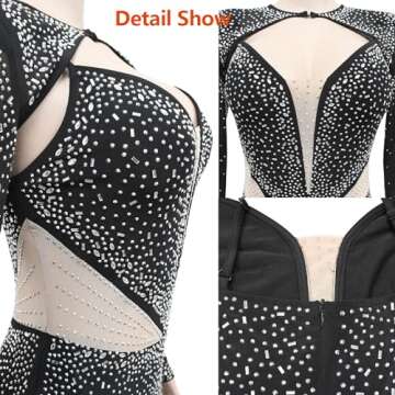 Nagfar Women Rhinestone Birthday Party Hollow Long Sleeve Dresses Sexy Club Night Out Short Dress Clubwear(KS2701,Black,M)