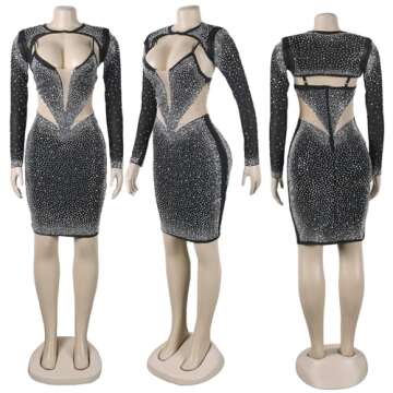 Nagfar Women Rhinestone Birthday Party Hollow Long Sleeve Dresses Sexy Club Night Out Short Dress Clubwear(KS2701,Black,M)