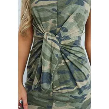 HZSONNE Women's Casual Sleeveless Twist Front Tie Knot Army Green Camouflag Printed Tunic Tops Bodycon S-Line Mini Wrap Dress (Small)