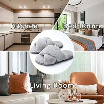 LORDFON Women's Memory Foam Cross Band House Slippers,Soft Furry Cozy Slip On Open Toe Indoor Home Slippers for Women,Comfy Fluffy Fuzzy Women's Bedroom Scuff Slippers Non-Slip