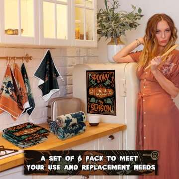 Ganeen 6 Pcs Halloween Hand Towels Trick or Treat Kitchen Towels Spooky Cat Bat Dish Towel Holiday Tea Towel Bathroom Decorative Towel 14.2 x 21.3 Inch for Hand Bathroom Guest Holiday