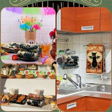 Ganeen 6 Pcs Halloween Hand Towels Trick or Treat Kitchen Towels Spooky Cat Bat Dish Towel Holiday Tea Towel Bathroom Decorative Towel 14.2 x 21.3 Inch for Hand Bathroom Guest Holiday