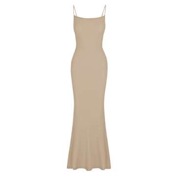 REORIA Women's Elegant Ribbed Maxi Dress in Khaki