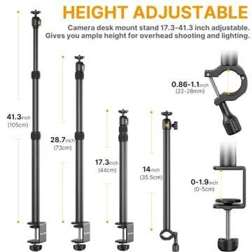 jusmo Camera Desk Mount with Auxiliary Holding Arm, Overhead Camera Mount with 360° Ballhead and Phone Grip, Table C-Clamp Multi Mount Stand for DSLR, Phone, Light, Webcam and More