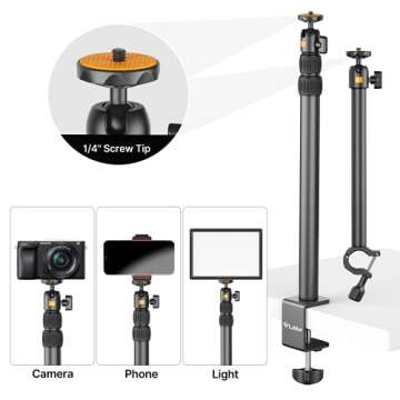 jusmo Camera Desk Mount with Auxiliary Holding Arm, Overhead Camera Mount with 360° Ballhead and Phone Grip, Table C-Clamp Multi Mount Stand for DSLR, Phone, Light, Webcam and More