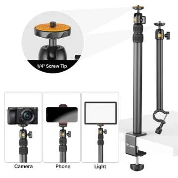 jusmo Camera Desk Mount with Auxiliary Holding Arm, Overhead Camera Mount with 360° Ballhead and Phone Grip, Table C-Clamp Multi Mount Stand for DSLR, Phone, Light, Webcam and More