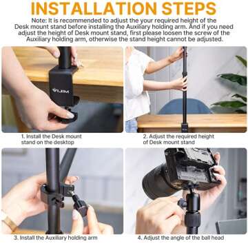jusmo Camera Desk Mount with Auxiliary Holding Arm, Overhead Camera Mount with 360° Ballhead and Phone Grip, Table C-Clamp Multi Mount Stand for DSLR, Phone, Light, Webcam and More