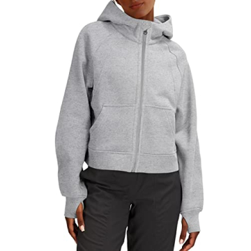 LASLULU Womens Fuzzy Cropped Hoodies Sport Athletic Zip Up Hoodie Stand Collar Sweater Fleece Lined Sweatshirt Long Sleeve Pullover Tops Pockets(Light Grey-X-Large)