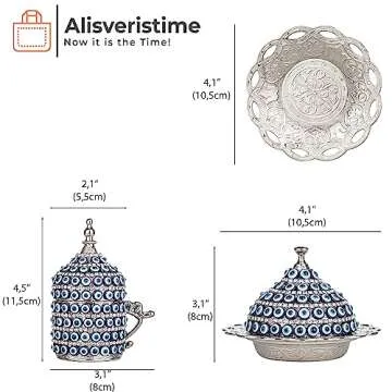 Alisveristime 27 Pc Ottoman Turkish Greek Arabic Coffee Espresso Serving Set - Evil Eye Design Cup and Saucer with Tray and Sugar Bowl - 2 Color Options (Silver)