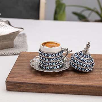 Alisveristime 27 Pc Ottoman Turkish Greek Arabic Coffee Espresso Serving Set - Evil Eye Design Cup and Saucer with Tray and Sugar Bowl - 2 Color Options (Silver)