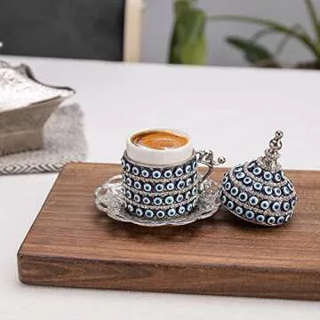 Alisveristime 27 Pc Ottoman Turkish Greek Arabic Coffee Espresso Serving Set - Evil Eye Design Cup and Saucer with Tray and Sugar Bowl - 2 Color Options (Silver)
