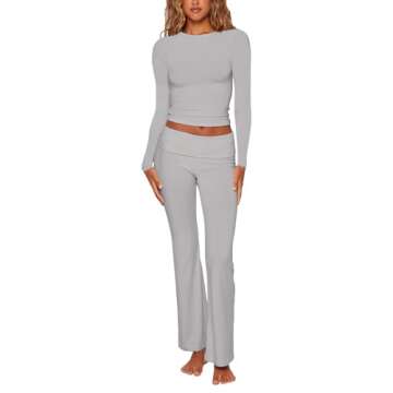 NUFIWI Womens Basic Two Piece Outfits Long Sleeve Slim Crop Top Fold Over Leggings Pants Set Lounge Matching 2Pc Tracksuit(Crewneck Light Grey,L)