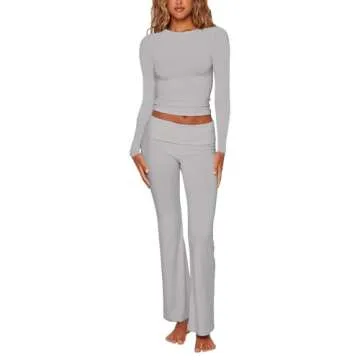 NUFIWI Womens Basic Two Piece Outfits Long Sleeve Slim Crop Top Fold Over Leggings Pants Set Lounge Matching 2Pc Tracksuit(Crewneck Light Grey,L)