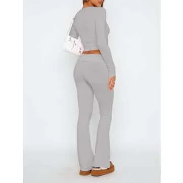NUFIWI Womens Basic Two Piece Outfits Long Sleeve Slim Crop Top Fold Over Leggings Pants Set Lounge Matching 2Pc Tracksuit(Crewneck Light Grey,L)