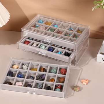 CLUQMEIK Acrylic Rock Collection Display Case with 54 Grids