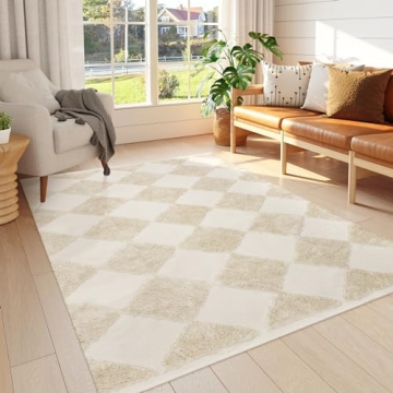 Collive Checkered Boho Rug – 5x7 Washable Cotton Area Rug