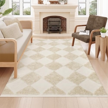 Collive Checkered Boho Rug – 5x7 Washable Cotton Area Rug