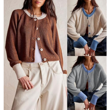 Loveimgs Color Block Cropped Cardigan for Women