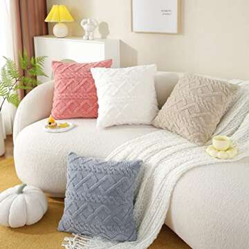 FTROML Set of 2 Decorative Faux Wool Throw Pillow Covers Soft Plush Fuzzy Short Fleece Square Patterned Cushion Cases Pillowcases Couch Covers for Sofa Bedroom (Light Cream, 22 x 22-Inch)