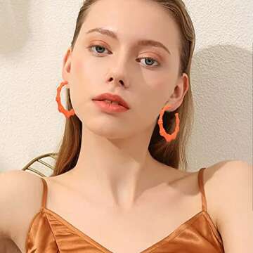 80s 90s Neon Large Bamboo Colorful Geometric Large Bamboo Circle Hoop Hollow Casting Drop Dangle Earrings Punk Cool Nightclub Hip-Hop Statement Jewelry for Women (Orange)