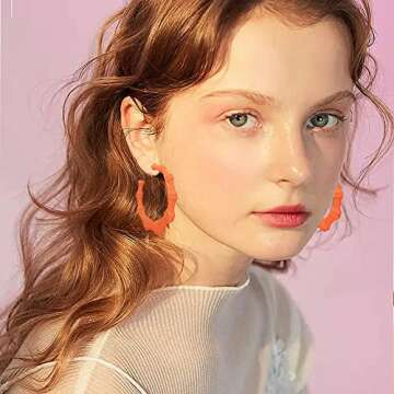 80s 90s Neon Large Bamboo Colorful Geometric Large Bamboo Circle Hoop Hollow Casting Drop Dangle Earrings Punk Cool Nightclub Hip-Hop Statement Jewelry for Women (Orange)