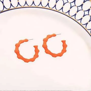 80s 90s Neon Large Bamboo Colorful Geometric Large Bamboo Circle Hoop Hollow Casting Drop Dangle Earrings Punk Cool Nightclub Hip-Hop Statement Jewelry for Women (Orange)