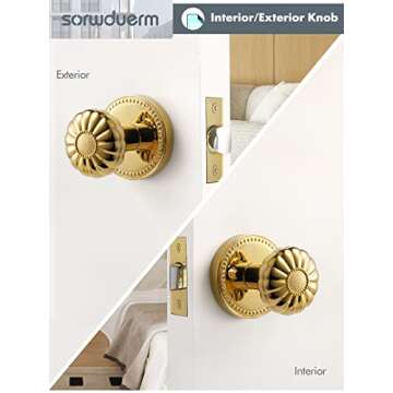 SORWDUERM Passage Door Knobs Gold Interior Polished Brass Door Knob for Hall and Closet,Zinc Alloy 1 Pack