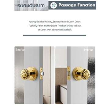 SORWDUERM Passage Door Knobs Gold Interior Polished Brass Door Knob for Hall and Closet,Zinc Alloy 1 Pack