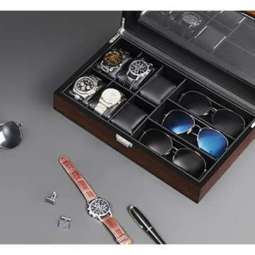 BEWISHOME Watch Box Sunglass Organizer with Real Glass Top, 6 Watch Case and 3 Slots Sunglasses Box for Men, Smooth Faux Leather Interior, Brown SSH15Y