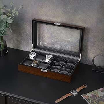 BEWISHOME Watch Box Sunglass Organizer with Real Glass Top, 6 Watch Case and 3 Slots Sunglasses Box for Men, Smooth Faux Leather Interior, Brown SSH15Y