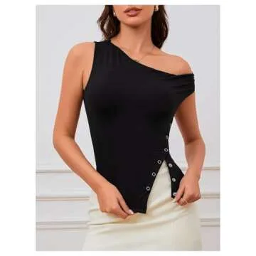 Milumia Women's One Shoulder Asymmetrical Button Slit Hem Going Out Summer Tee Tops Black Small