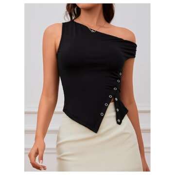 Milumia Women's One Shoulder Asymmetrical Button Slit Hem Going Out Summer Tee Tops Black Small