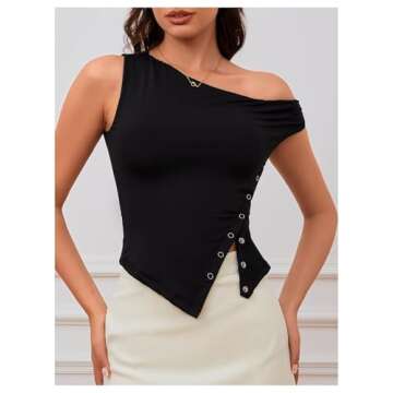 Milumia Women's One Shoulder Asymmetrical Button Slit Hem Going Out Summer Tee Tops Black Small