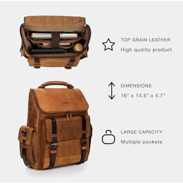 VELEZ Top Grain Leather Backpack for Men and Women - 15.6 Inch Leather Laptop Bag - Brown Designer Leather Bookbag - Vintage Business Leather Travel Backpack Casual Shoulder Bags