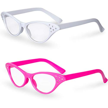2 Pack Cat Eye Glasses - Pink/White Retro Costume Accessory with Rhinestones