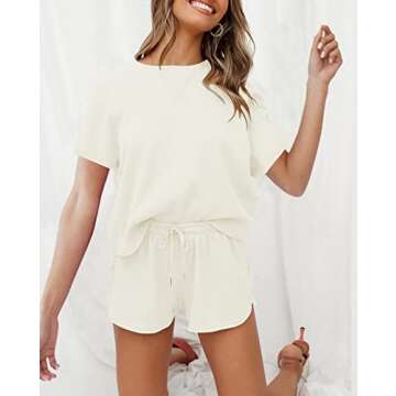 ZESICA Women's Waffle Knit Pajama Set Short Sleeve Top and Shorts Loungewear Athletic Tracksuits with Pockets,Cream,Small