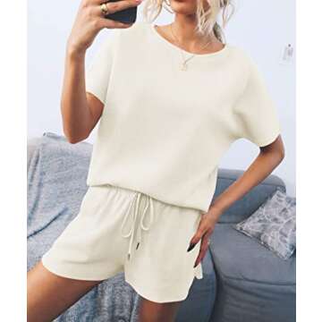 ZESICA Women's Waffle Knit Pajama Set Short Sleeve Top and Shorts Loungewear Athletic Tracksuits with Pockets,Cream,Small