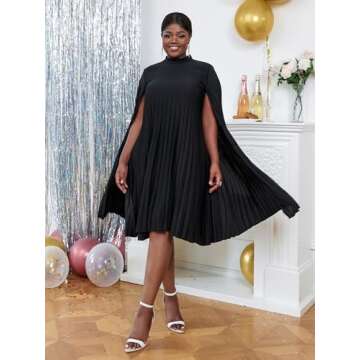 AOMEI Women's Stand Collar Pleated Cape Sleeve Loose Knee Length Dress Plus Size(Black,XXL)